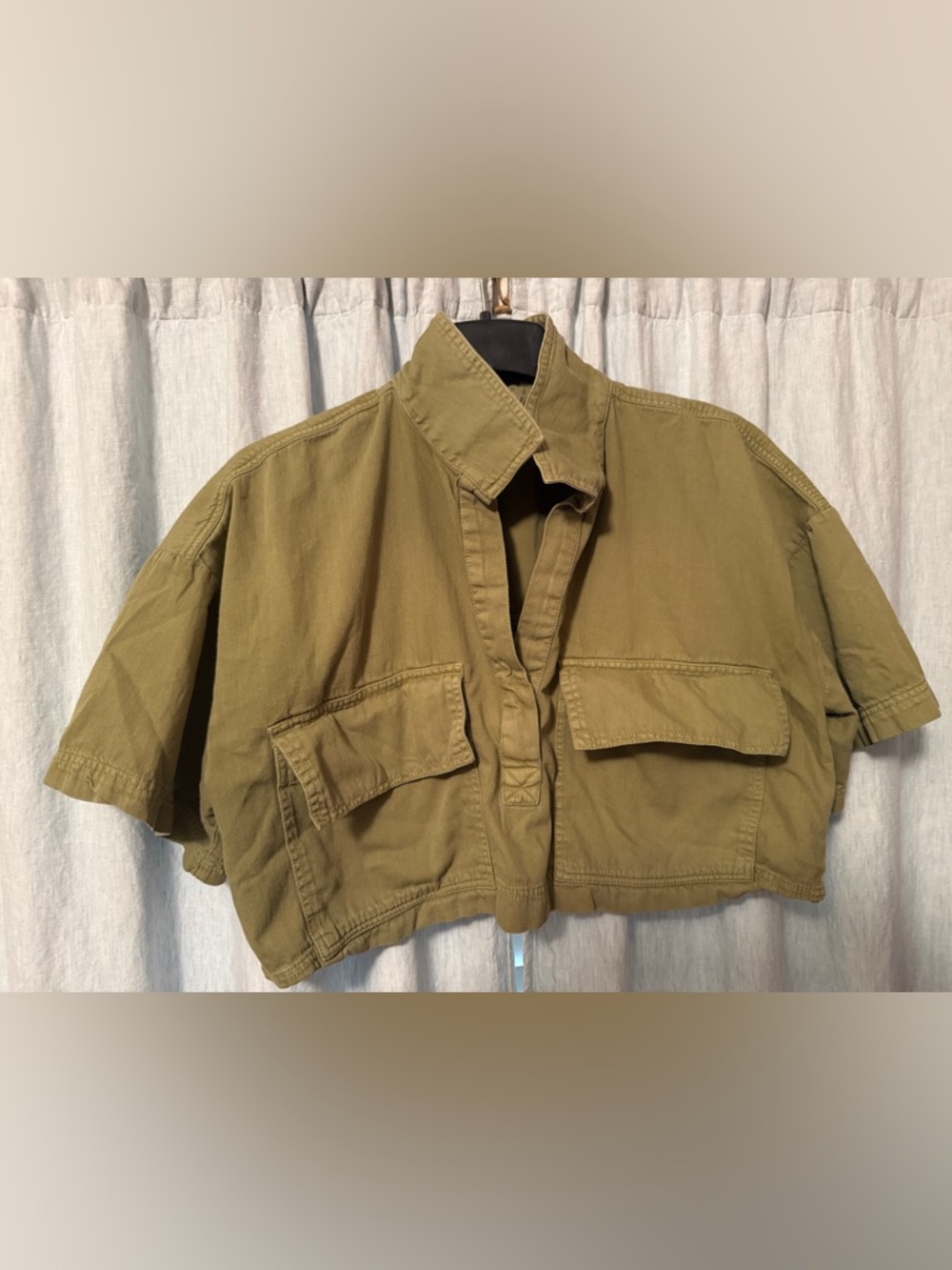 Pilcro Olive Green Cropped Utility Button-Up Top